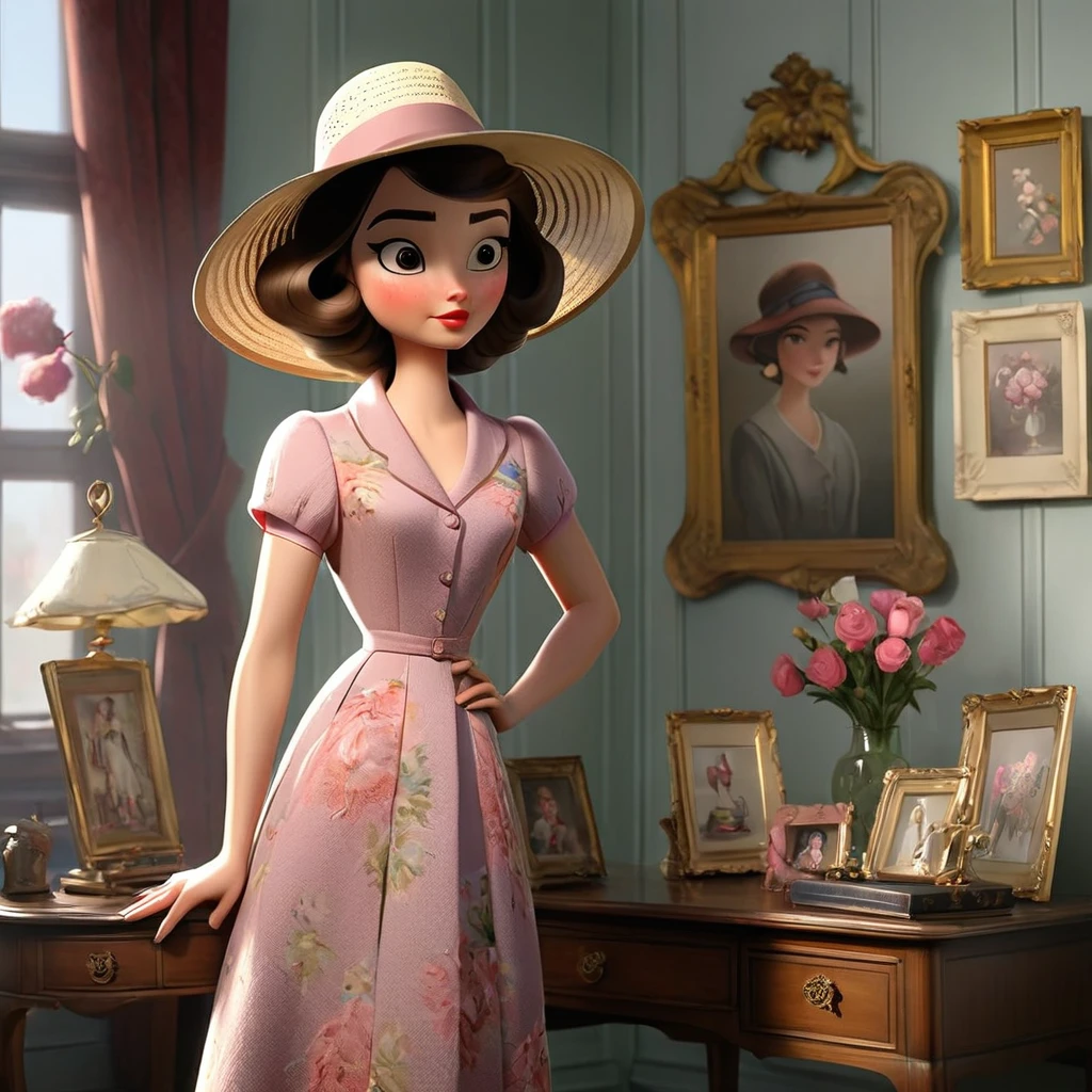 In the image, a woman is seen standing in a room wearing a hat and a floral dress. The room is decorated with various items, including a desk with a variety of objects on it, such as a lamp and a mirror. The walls are adorned with multiple picture frames displaying different artworks. The woman appears to be in her mid-twenties and is the focal point of the image. She exudes a sense of elegance and style with her outfit and posture. The overall atmosphere of the room is cozy and inviting, making it a pleasant setting for the woman''s presence.