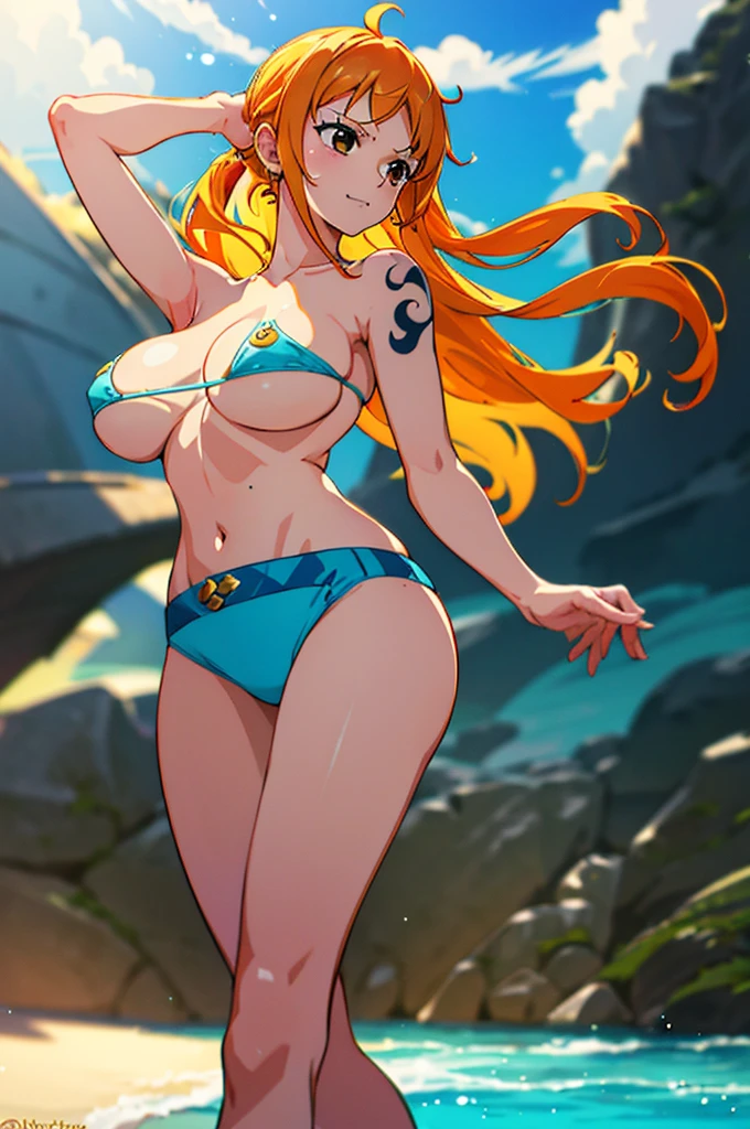 Nami from One Piece,very light orange and yellowish haired girl,Beautiful brown eyes, Blushing,Clouds in the sky smiling at the viewer, Large Breasts、With her hair flying . ((topless、Big Breasts、Sexy pose、Don't wear a bra、I can see her boobs)))、((Shiny swimwear、topless、Beautiful nipples)))、Sexy Swimwear、Beautiful beauty、Clean long hair、Micro Bikini、((whole body))、(((Photo taken from below)))、Ocean、 Beach、Large Breasts、Big Breasts、expensive. (Highest quality, 4K, 8K, High resolution, masterpiece:1.2、Big Breasts), Very detailed, and (Realistic, photoRealistic, photo-Realistic:1.37) rendering. To enhance the visual effect, Add HDR, 超High resolution, Studio Lighting, Ultra-fine painting, Sharp focus, physically-based rendering, Very detailed説明, Professional, Vibrant colors, and bokeh.。,her hair should be light orange and have nami tattoo in her left shoulder her hair colour should little yellow, nami standing in a clouds、Large Breasts、The swimsuit is small、topless、Her breasts are in full view