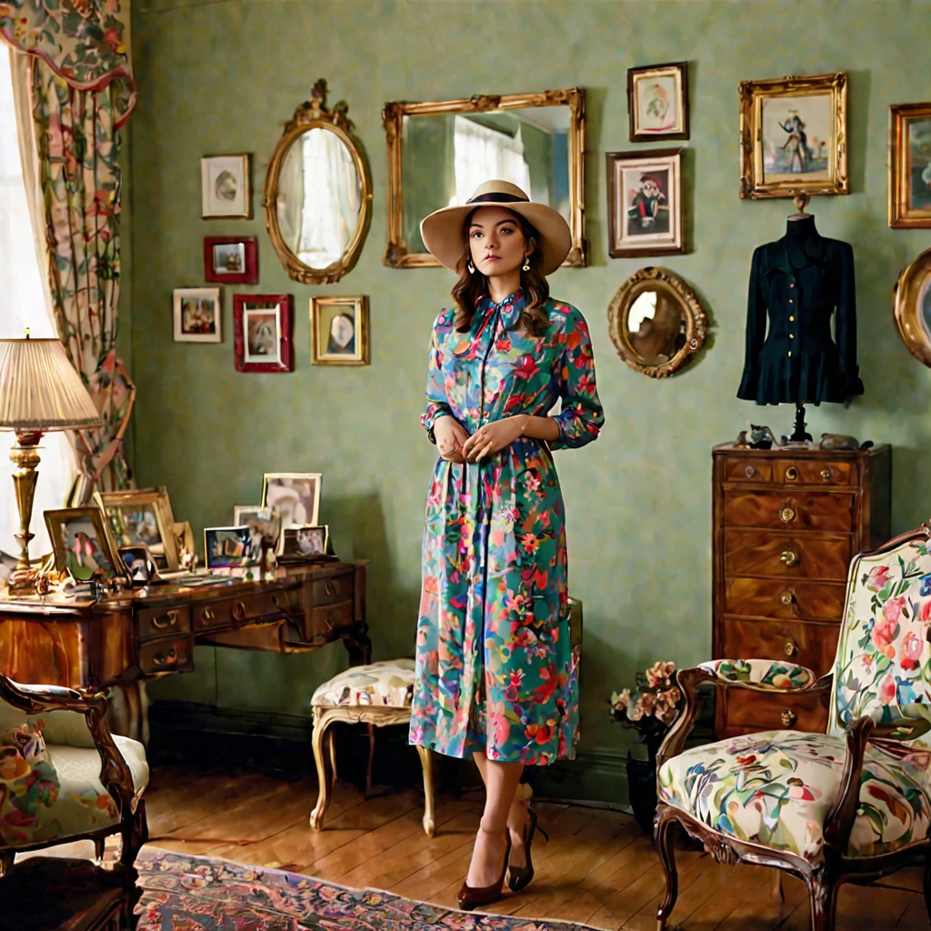 In the image, a woman is seen standing in a room wearing a hat and a floral dress. The room is decorated with various items, including a desk with a variety of objects on it, such as a lamp and a mirror. The walls are adorned with multiple picture frames displaying different artworks. The woman appears to be in her mid-twenties and is the focal point of the image. She exudes a sense of elegance and style with her outfit and posture. The overall atmosphere of the room is cozy and inviting, making it a pleasant setting for the woman''s presence.