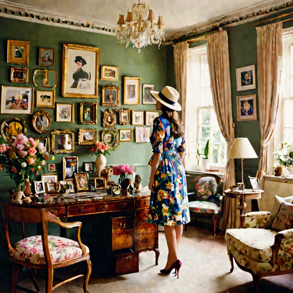 In the image, a woman is seen standing in a room wearing a hat and a floral dress. The room is decorated with various items, including a desk with a variety of objects on it, such as a lamp and a mirror. The walls are adorned with multiple picture frames displaying different artworks. The woman appears to be in her mid-twenties and is the focal point of the image. She exudes a sense of elegance and style with her outfit and posture. The overall atmosphere of the room is cozy and inviting, making it a pleasant setting for the woman''s presence.