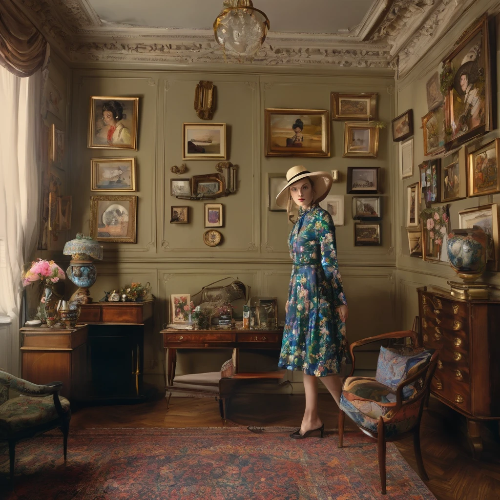 In the image, a woman is seen standing in a room wearing a hat and a floral dress. The room is decorated with various items, including a desk with a variety of objects on it, such as a lamp and a mirror. The walls are adorned with multiple picture frames displaying different artworks. The woman appears to be in her mid-twenties and is the focal point of the image. She exudes a sense of elegance and style with her outfit and posture. The overall atmosphere of the room is cozy and inviting, making it a pleasant setting for the woman''s presence.