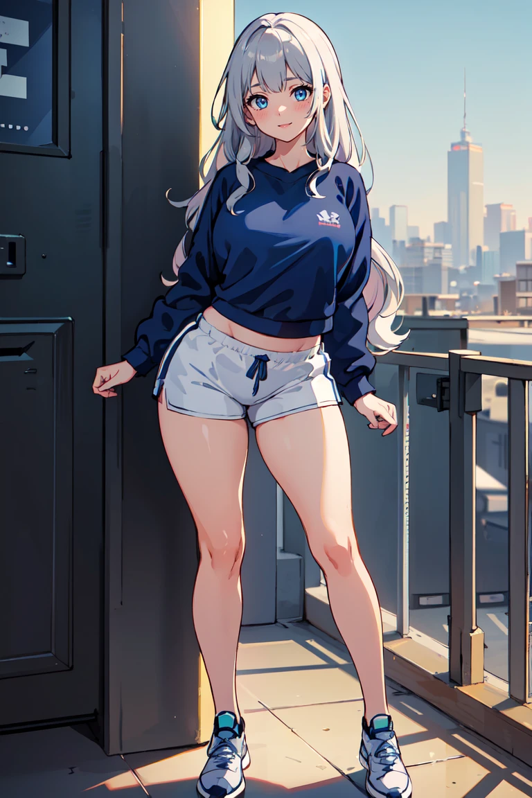 masterpiece, best quality, highly detailed background, perfect lighting, best quality, (extremely detailed face), volumetric lighting, intricate details, shadow, tonemapping, sharp focus, hyper detailed, trending on Artstation, (solo) ((Looking at the viewer)), ((city background)) .Girl with long Grey  hair (Wavy hair).  Blue eyes. curvy. Blush, Clear skin.  Big bust. Smile ((Scantily clad)) ((Sports shoes, navy blue sweatshirt)) ((white shorts))