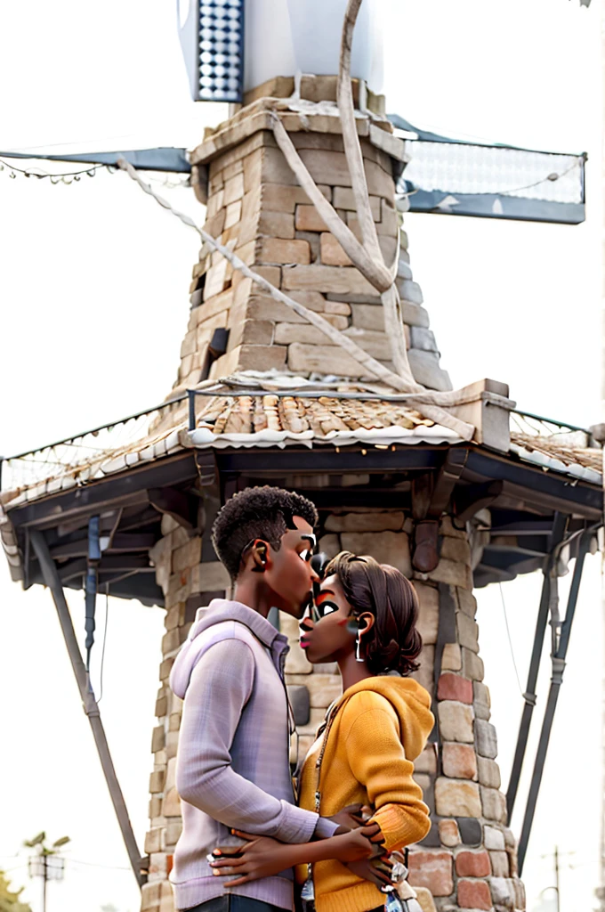 um casal, dark-skinned boy kissing a white girl's forehead, a tower in the background