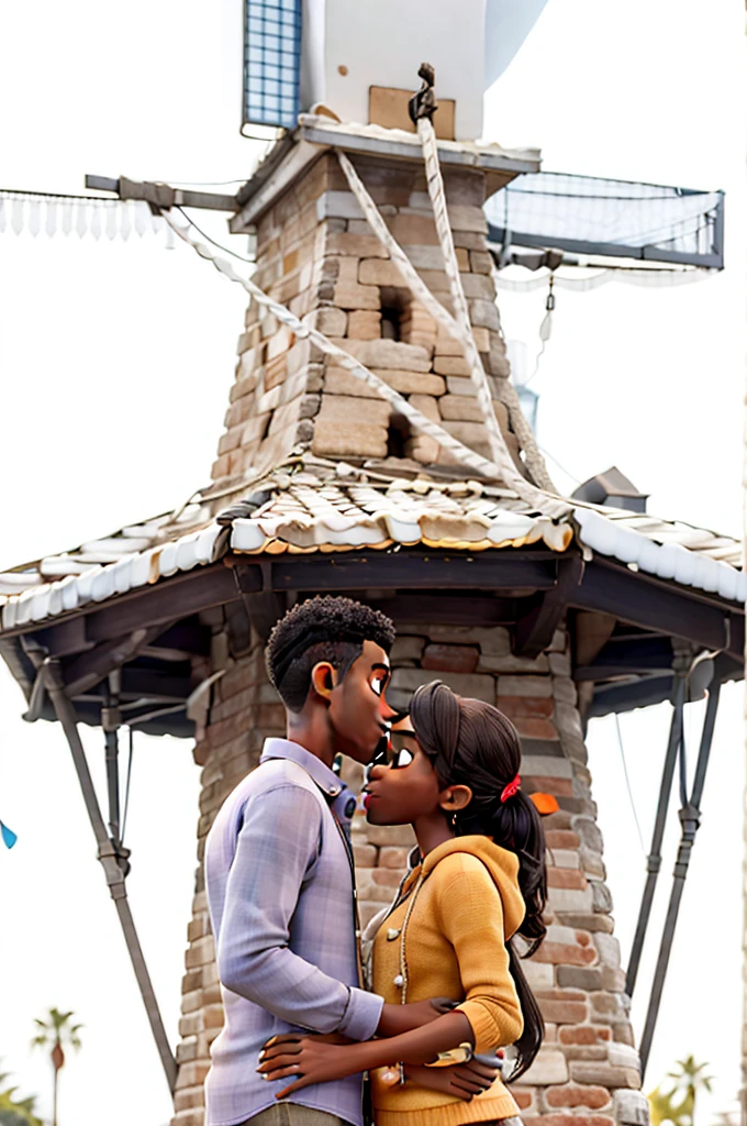 um casal, dark-skinned boy kissing a white girl&#39;s forehead, a tower in the background


