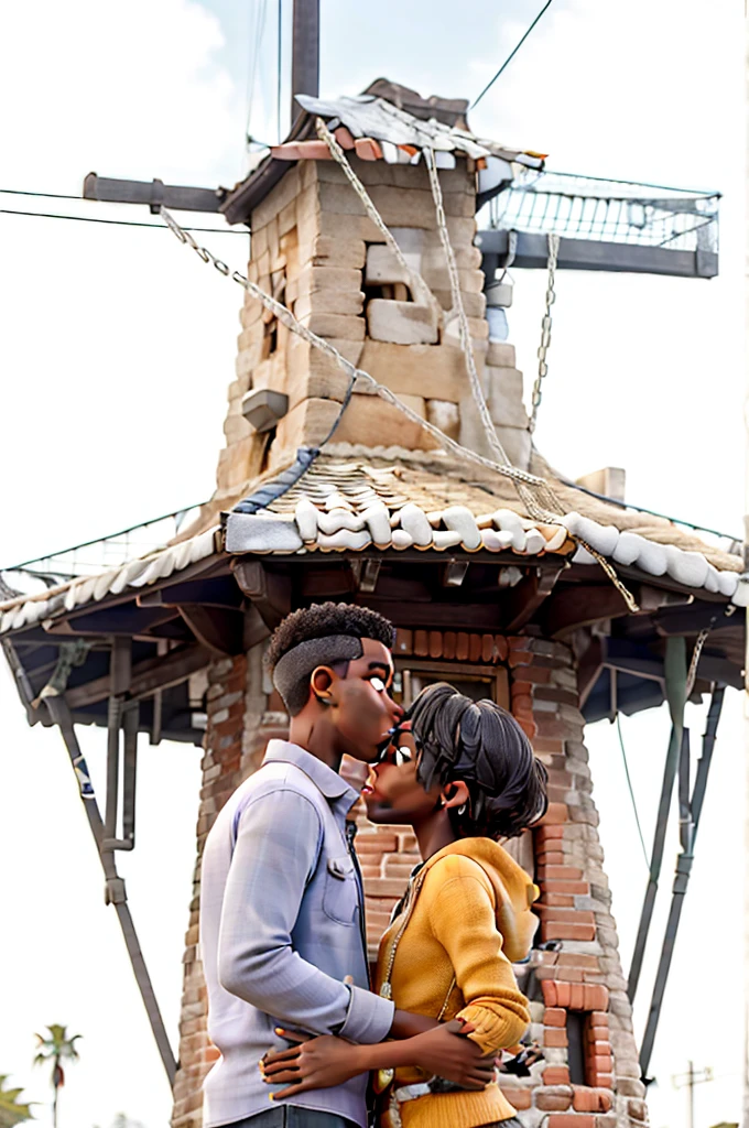 um casal, dark-skinned boy kissing a white girl's forehead, a tower in the background