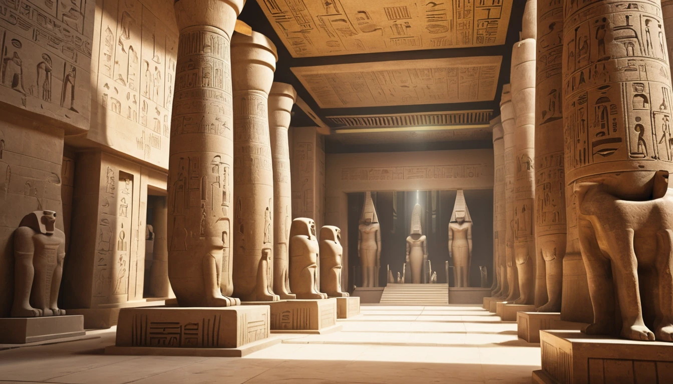 An ancient Egyptian temple interior with large stone statues, hieroglyphic-covered columns, and a futuristic spacecraft hovering in the background