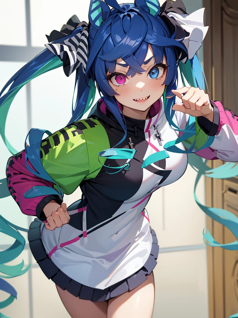 (masterpiece、top-quality、hight resolution), Create an image of a woman with a pure and innocent appearance, dressed in modest and elegant clothing. She should have an air of sophistication and refinement, with a gentle smile and a calm demeanor. The background can be a tasteful and upscale environment, such as a garden or a well-decorated room, emphasizing her outwardly pure and reputable persona. The image should subtly suggest a hidden, more promiscuous side without being explicit. Twin_Turbo_Umamusume, aqua hair, twintails, heterochromia, purple eyes, blue eyes, sharp teeth, multicolored hoodie, hores tails