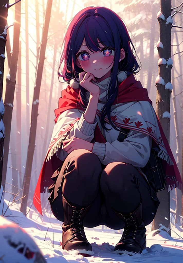 aihoshino, Ai Hoshino, Long Hair, bangs, (Purple eyes:1.1), Purple Hair, (Symbol-shaped pupil:1.5), smile,,smile,blush,White Breath,
Open your mouth,snow,Ground bonfire, Outdoor, boots, snowing, From the side, wood, suitcase, Cape, Blurred, , forest, White handbag, nature, Squat, Mouth closed, Cape, winter, Written boundary depth, Black shoes, red Cape break looking at viewer, Upper Body, whole body, break Outdoor, forest, nature, break (masterpiece:1.2), Highest quality, High resolution, unity 8k wallpaper, (shape:0.8), (Beautiful and beautiful eyes:1.6), Highly detailed face, Perfect lighting, Extremely detailed CG, (Perfect hands, Perfect Anatomy),