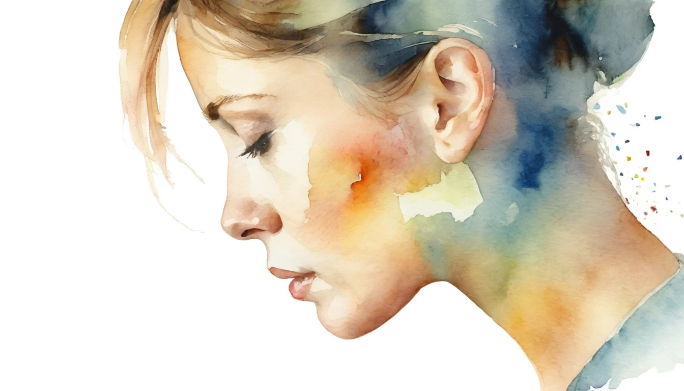 Watercolor, blurred portrait, profile, broken glass