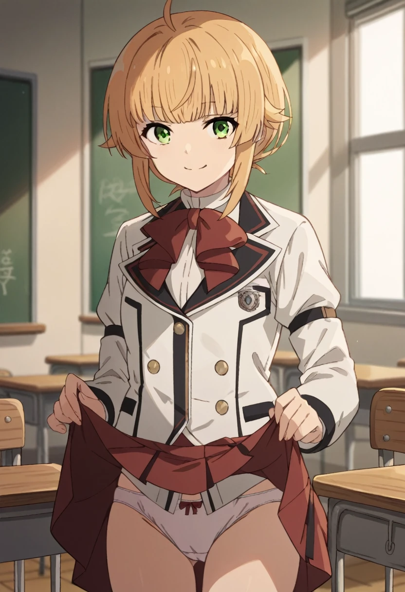 NSFW，
norngreyrat, norn greyrat, bangs, blonde hair, green eyes, ahoge,
long sleeves, bow，jacket, bowtie, red bow, skirt, red skirt, white jacket,
indoors, classroom, smile，skirt lift，show off your panties，
looking at viewer, cowboy shot