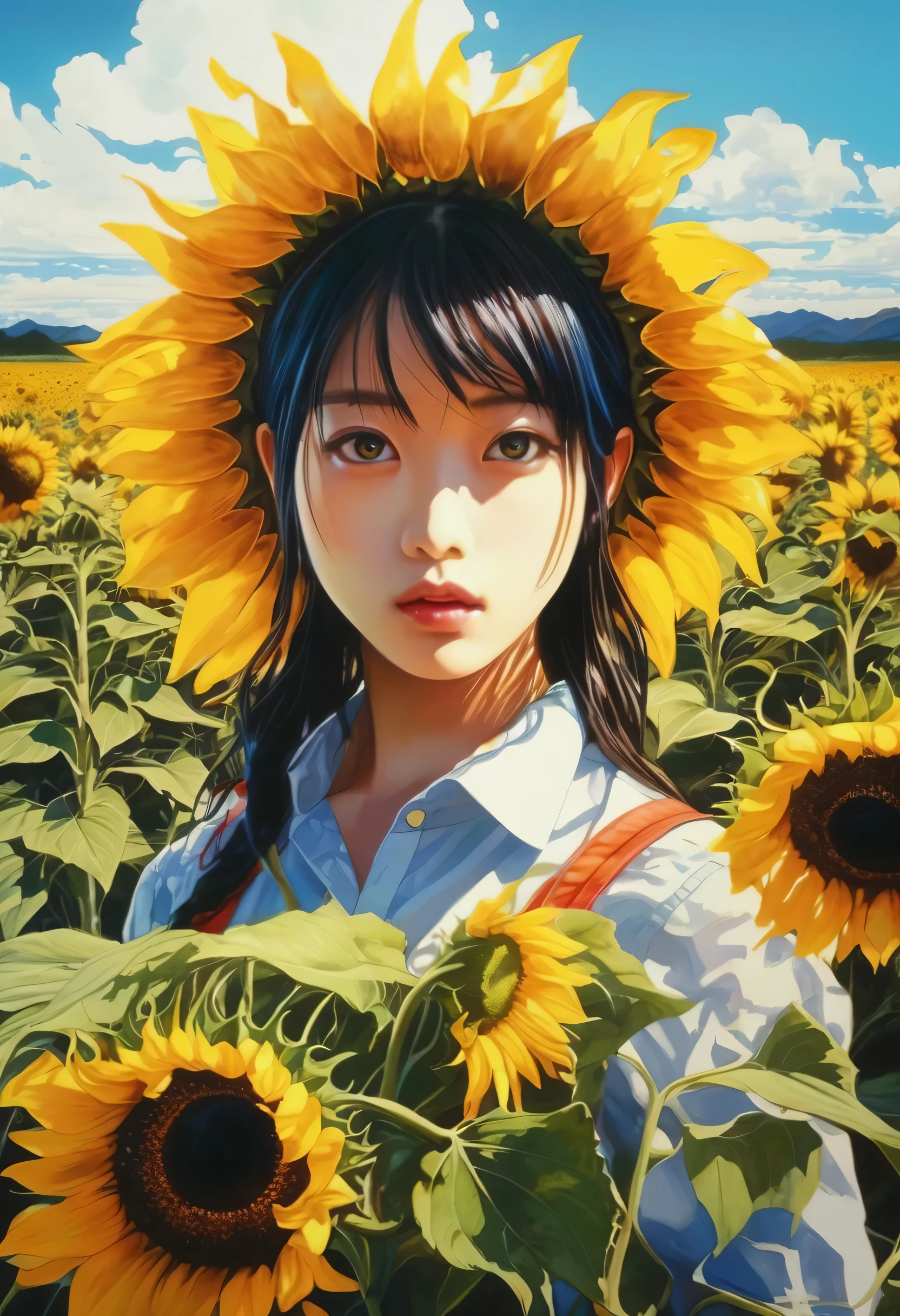artwork:Katsuhiro Otomo 8km race, High resolution, A complex and intricate masterpiece, (Summer vacation:1.2), (Girl holding a bouquet of sunflowers:1.1)、Sunflower field、Beautiful Face、transparent, Glowing black eyes, Blue sky and brown eyeball, Medium Shot, Blue Hair, Organic Shapes, Hard Edge, Anatomically correct body, Ultra-realistic, elegant,Cinema Lighting, Very detailed, Vibrant colors, Octane Rendered Sunflower Bouquet、 Unreal atmosphere, Award-winning works, Bright and rich colors, iridescent accents, Dramatic Shadows,Dynamic and atmospheric lighting, Anamorphic Lens, Sharp focus,
An intricate and detailed masterpiece by Katsuhiro Otomo, Katsuhiro Otomo STYLE, Pop Surrealism, watercolor , Kanna Hashimoto