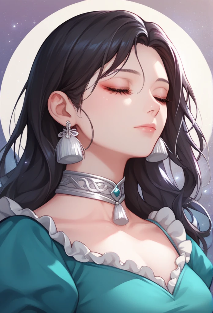 Shoujo style, Aesthetic background, Romance Manhwa, 1girl, Dark hair, solo, Bob hairstyle, villain, Aqua dress, gloves, long sleeves, Choker, Black Eyes, mascara, makeup, artful, looking a viewer, whitebackground, clavicle, puffy sleeves, Silver Accessories, upper-body, frills, bangs, closed mouth, Detailed eyes, (close up), (((Image Macro Details))), pale skin, tassel earrings 