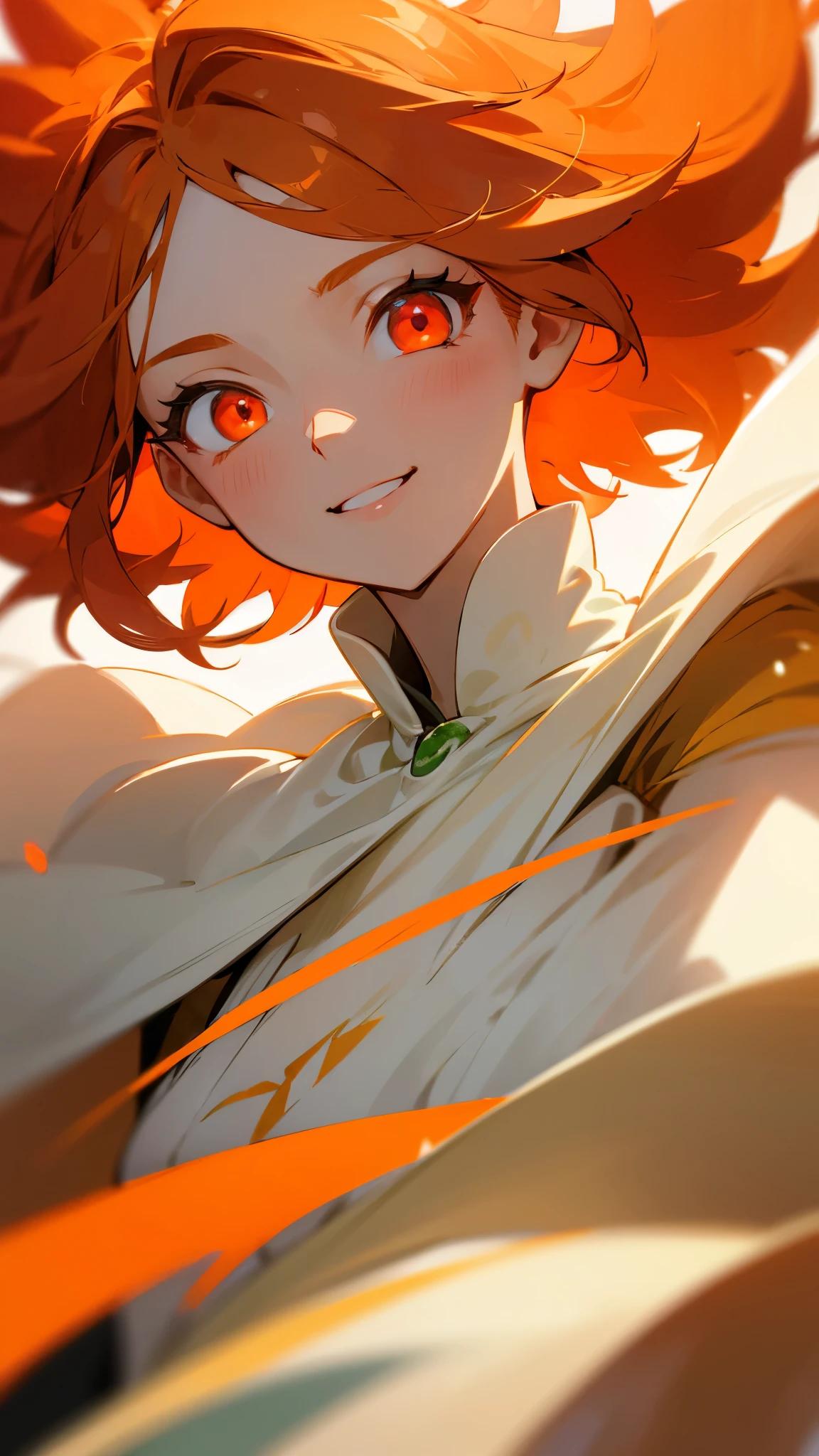 Highest quality、 masterpiece、Upper body close-up、Smiling woman、Windblown orange hair、Glowing red eyes、Background of collective phobia、Light clothing、White and green clothes