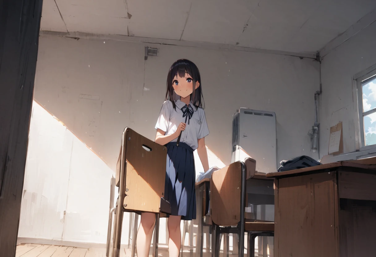 air conditioner、Air conditioning is cool、School、In the classroom、Sitting in a chair、Girl、Girl、Short、Younger、Lower school year、Baby Face、flat chest、Dynamic Angle、masterpiece、best quality、ultra-detail、Summer sunshine、Miniskirt、The desks are lined up、smile、There are several classmates behind me.、Clothing