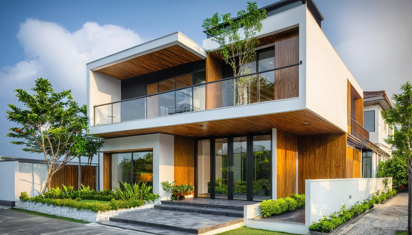 modern townhouse on street, (sunset), tropical tree, vivid colour, streetcapes, white tone, white wall, large glass door, (warm interior lighting:1.2), wood and marble, best quality, 18ArchiAI_VL-v1