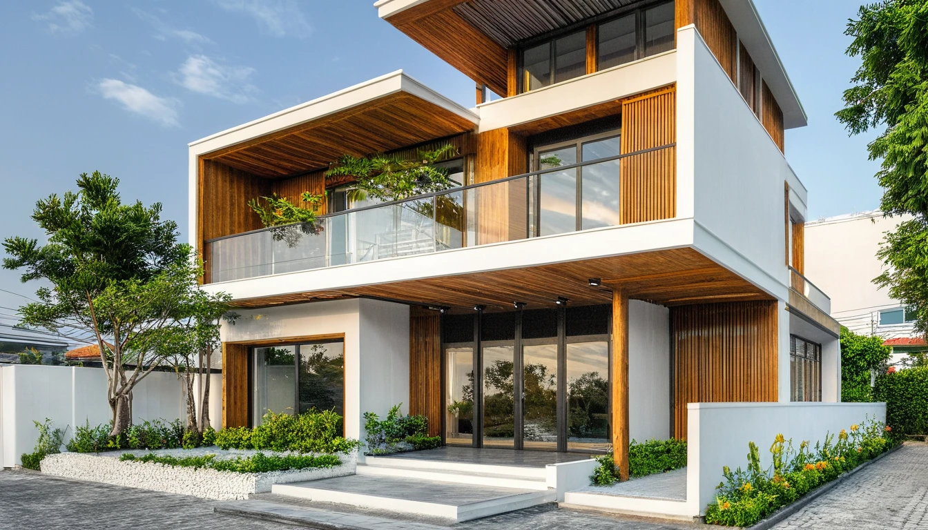 modern townhouse on street, (sunset), tropical tree, vivid colour, streetcapes, white tone, white wall, large glass door, (warm interior lighting:1.2), wood and marble, best quality, 18ArchiAI_VL-v1