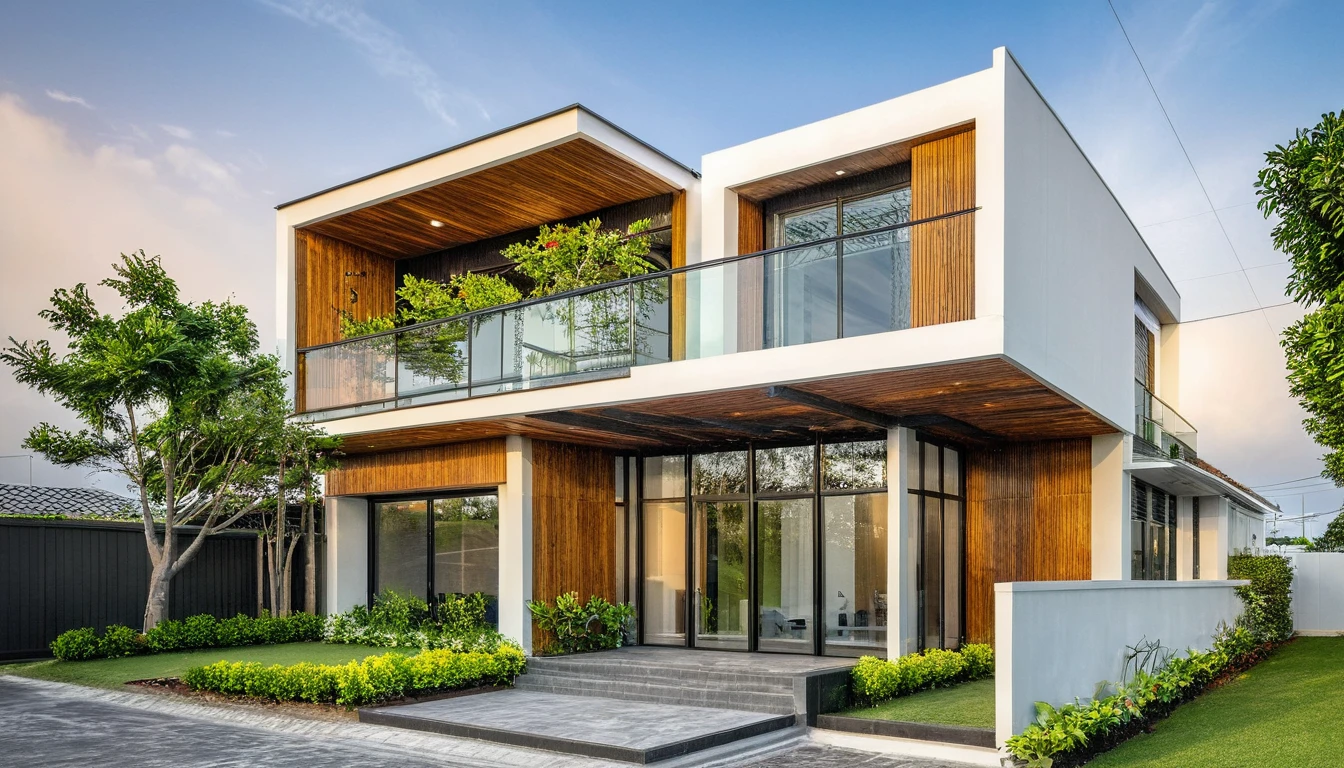 modern townhouse on street, (sunset), tropical tree, vivid colour, streetcapes, white tone, white wall, large glass door, (warm interior lighting:1.2), wood and marble, best quality, 18ArchiAI_VL-v1