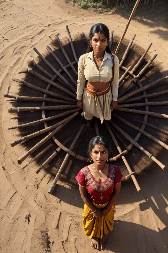 ((best quality)), ((masterpiece)), (detailed), perfect face. thousends oftelugu village people standing in a circle with big sticks in hands, camera view in top angle.