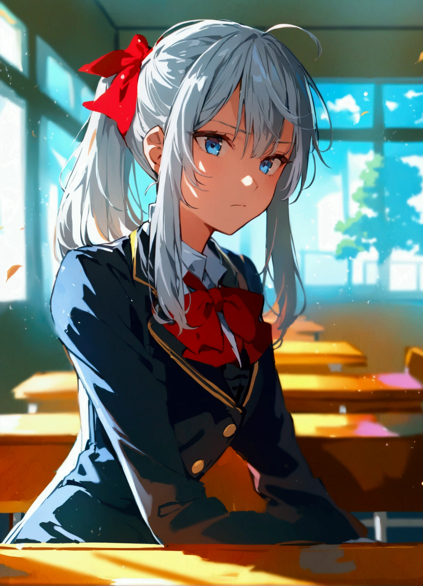 The anime girl has long, silver hair tied with a red ribbon, striking blue eyes, and a serious expression. She wears a light blazer over a dark vest or dress, a red bowtie, and white thigh-high socks. Seated in a classroom, she appears thoughtful in the serene, light-filled setting.Sitting in a garden at sunset