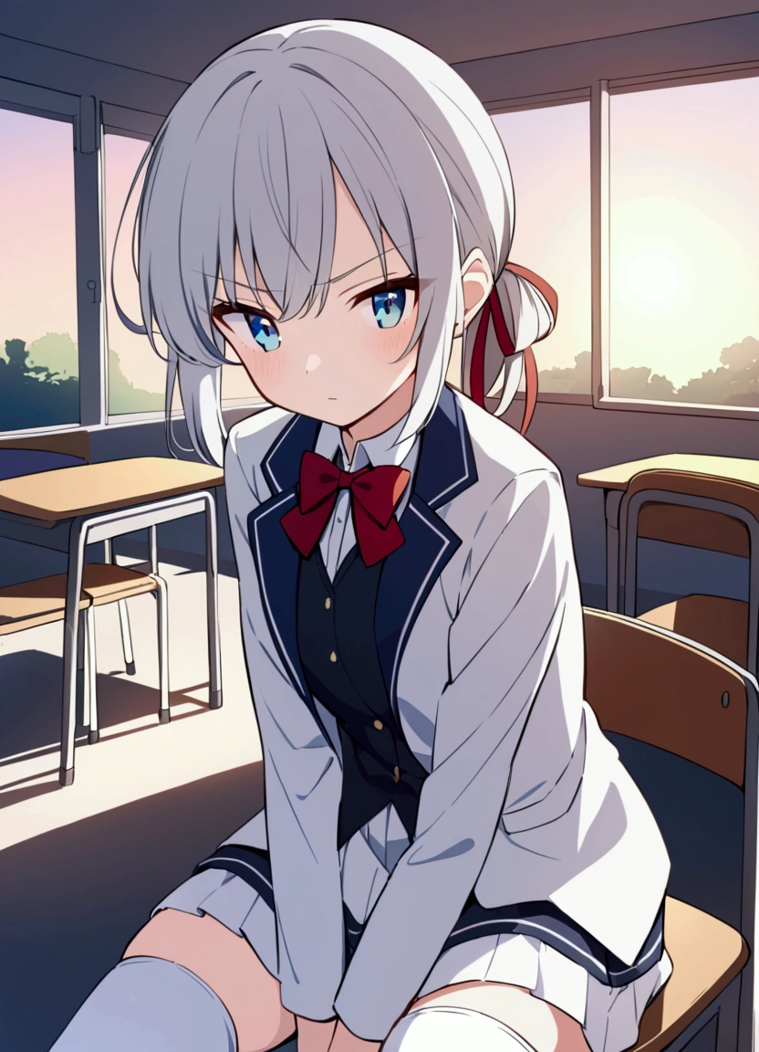 The anime girl has long, silver hair tied with a red ribbon, striking blue eyes, and a serious expression. She wears a light blazer over a dark vest or dress, a red bowtie, and white thigh-high socks. Seated in a classroom, she appears thoughtful in the serene, light-filled setting.Sitting in a garden at sunset