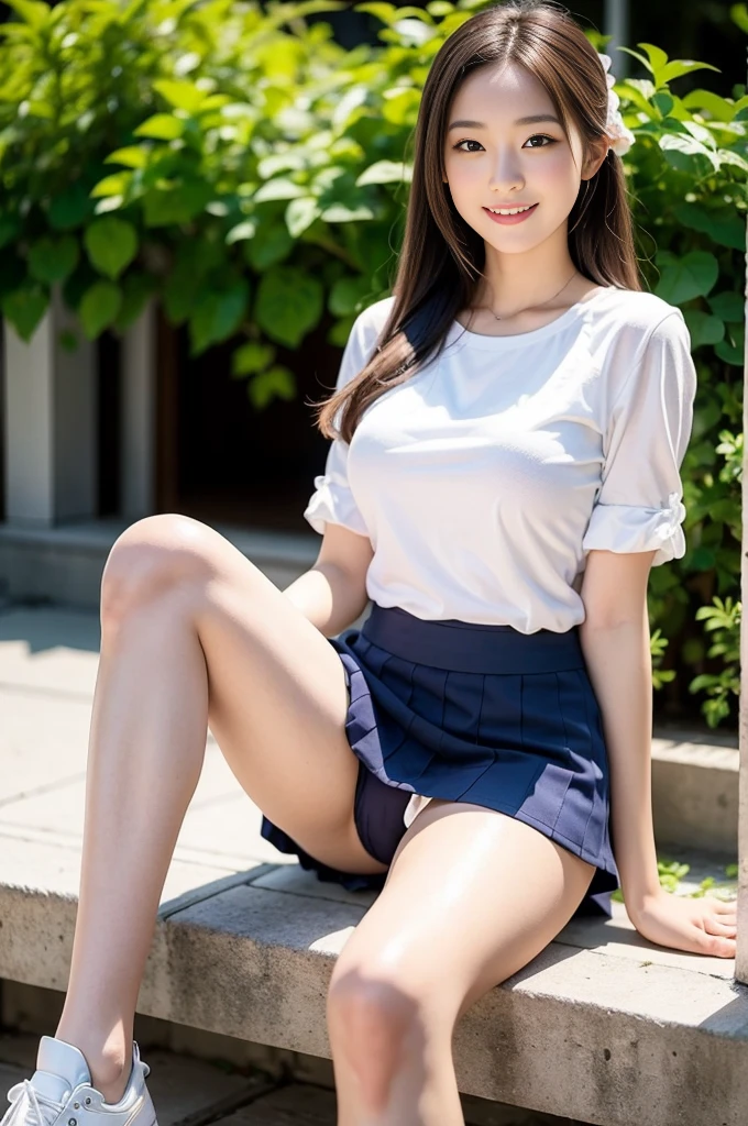 Pure Japanese school girl, outstanding body, beautiful legs, wearing uniform, panty, natural hairstyles, sweet smile, sitting, refreshing in early summer, composition from the front,