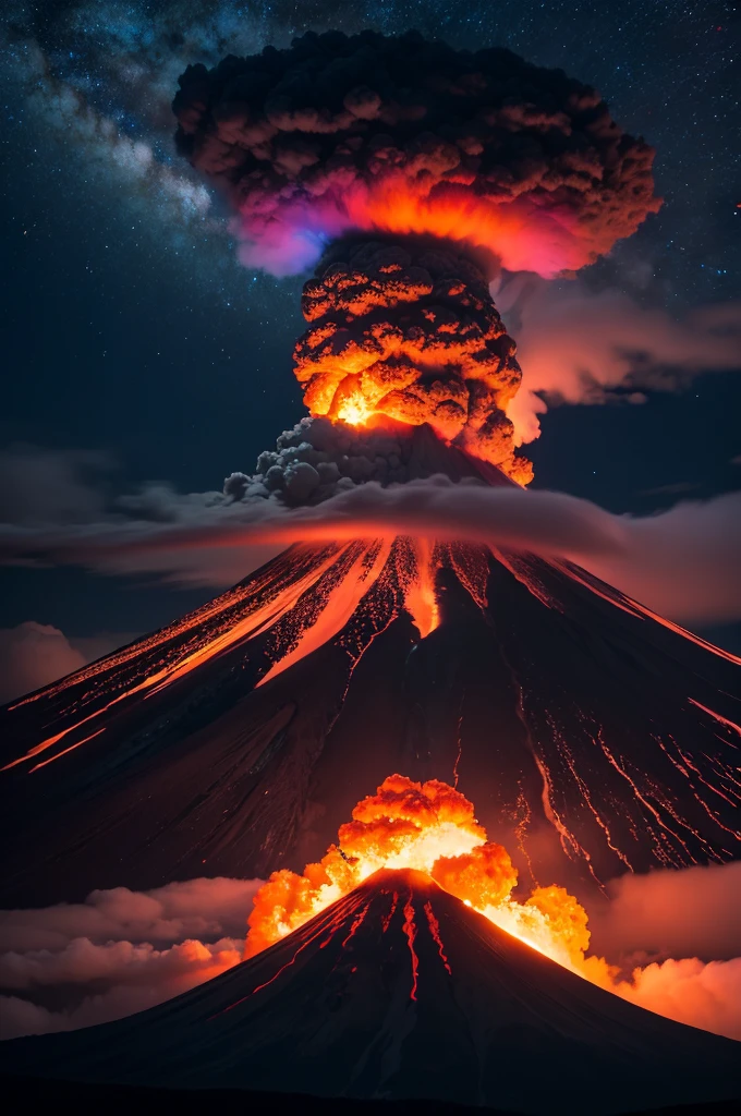 A volcano erupting colorfully at night