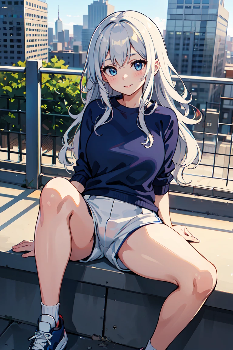 masterpiece, best quality, highly detailed background, perfect lighting, best quality, (extremely detailed face), volumetric lighting, intricate details, shadow, tonemapping, sharp focus, hyper detailed, trending on Artstation, (solo) ((Looking at the viewer)), ((city background)) .Girl with long Grey hair (Wavy hair). Blue eyes. curvy. Blush, Clear skin. Big bust. Smile ((Scantily clad)) ((Sports shoes, navy blue sweatshirt)) ((white shorts))