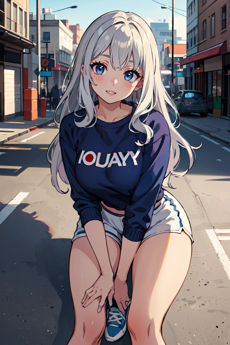 masterpiece, best quality, highly detailed background, perfect lighting, best quality, (extremely detailed face), volumetric lighting, intricate details, shadow, tonemapping, sharp focus, hyper detailed, trending on Artstation, (solo) ((Looking at the viewer)), ((city background)) .Girl with long Grey hair (Wavy hair). Blue eyes. curvy. Blush, Clear skin. Big bust. Smile ((Scantily clad)) ((Sports shoes, navy blue sweatshirt)) ((white shorts))
