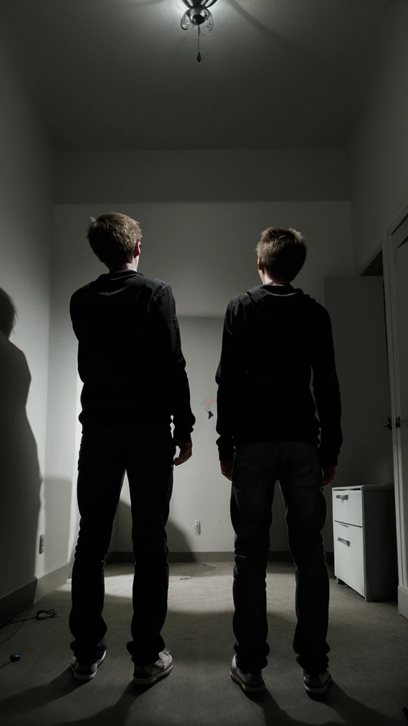 A Shadow looking on 2 teenage boys from behind in night . In creepy room
