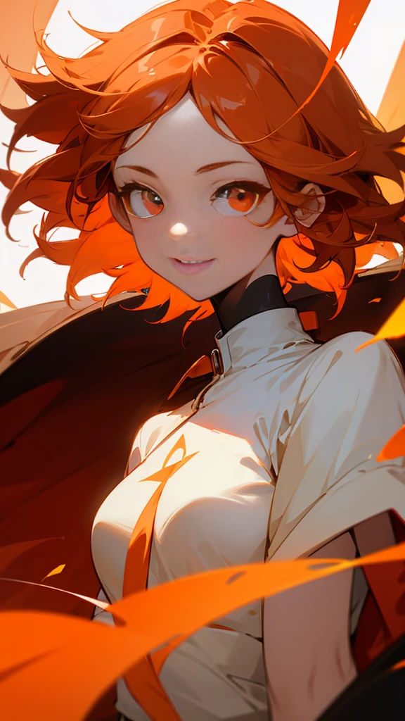Highest quality、 masterpiece、Upper body close-up、Smiling woman、Windblown orange hair、Glowing red eyes、Background of collective phobia、Light clothing、White-based clothing