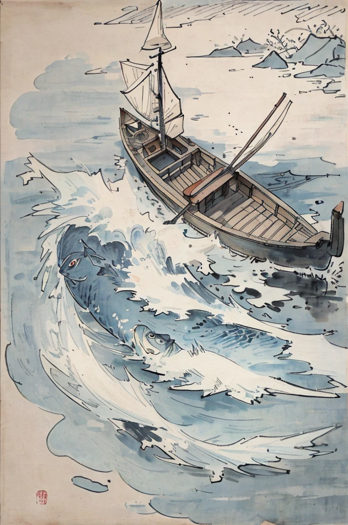 (tmasterpiece,best qualtiy:1.2),Tradition Chinese Ink Painting,near a riveshing,The fish,Frozen,A boat,a old man,A fisherman,Thrush