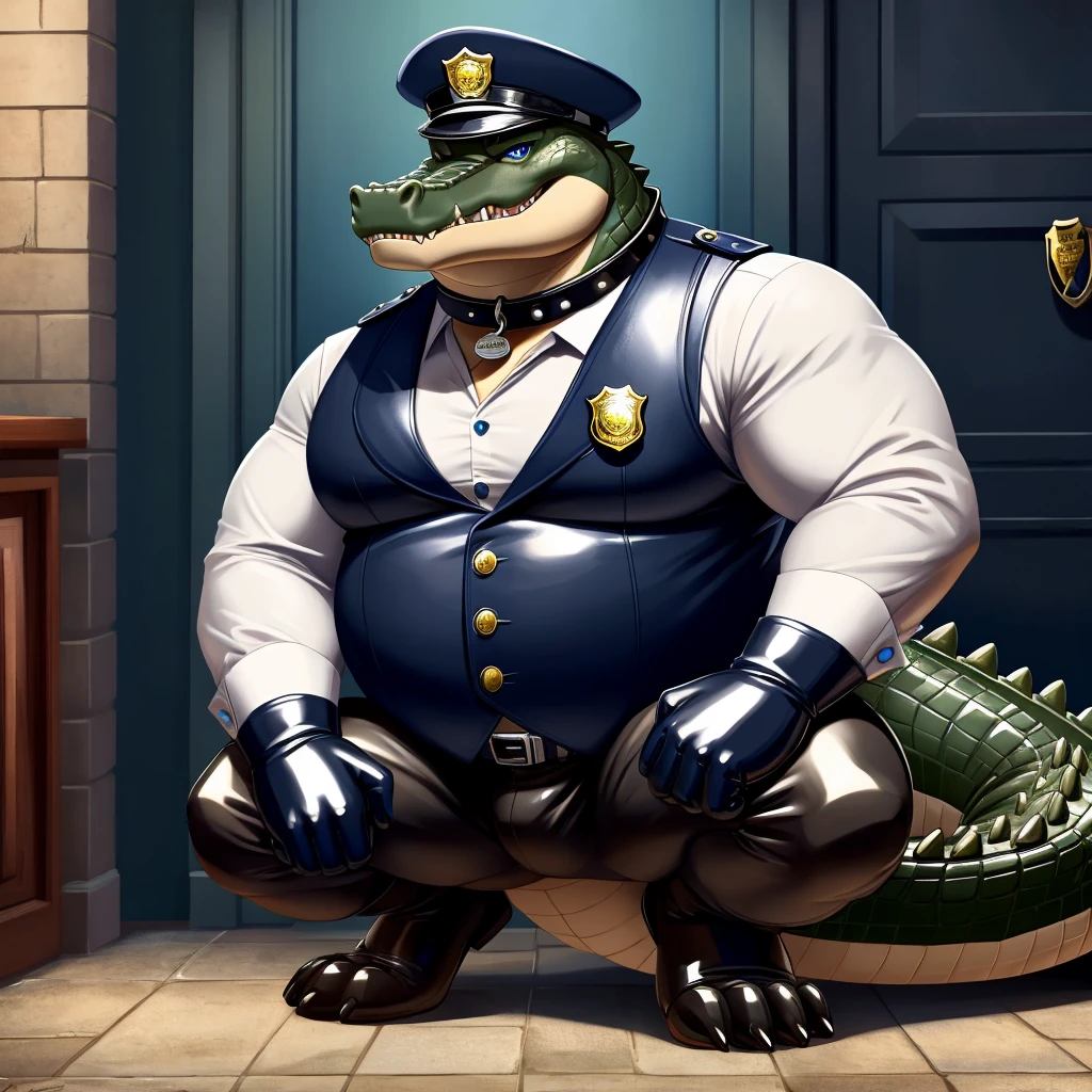 Solo, Male, fat, squatting, extremely obese, gentleman, dapper Crocodile, blue eyes, (soft shading), 4k, hi res, ((detailed face, detailed)), looking at viewer, evil grin, police station, collared shirt with buttons, hat, male focus, Police Uniform, glasses, monocle, vest with buttons, sleeves rolled up, round eyewear, headwear, vest, Crocodile is wearing a glossy leather dog collar around the neck, Crocodile is wearing the leather collar and shirt and vest at the same time, Crocodile is wearing glossy white rubber gloves on the hands, wearing white rubber gloves on the feet, gloves are rubber in texture, clenching teeth, clenching fists, leather collar is glossy and shiny with a lot of detail, Crocodile is wearing gloves and leather collar at the same time, leather collar has a round dog-tag, leather collar is thick and detailed, white rubber gloves on the feet.
