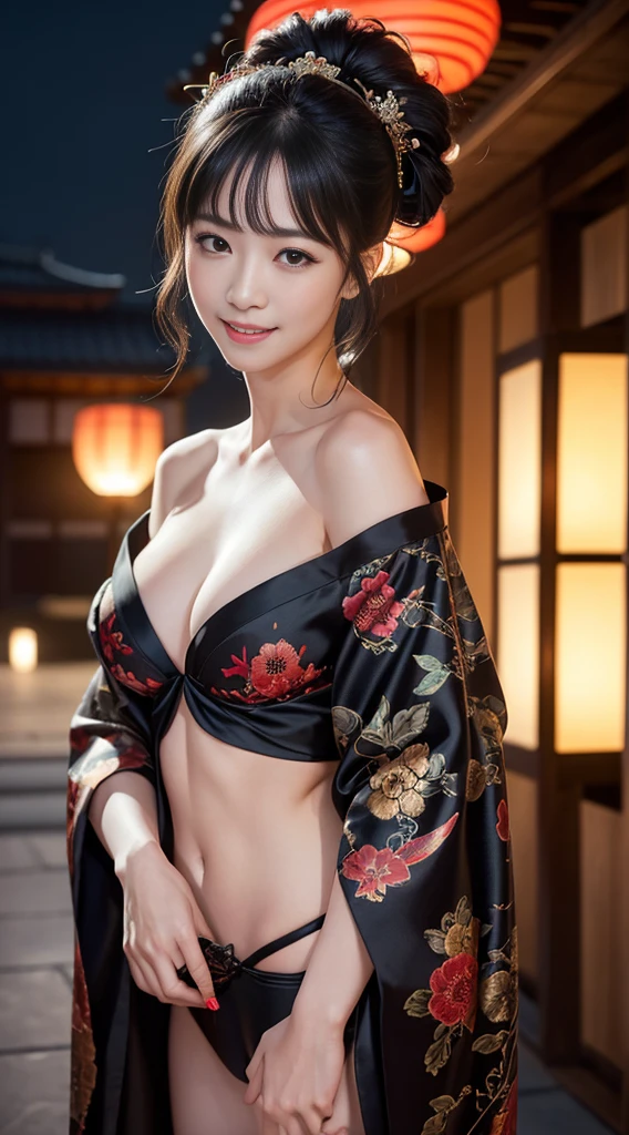 8K Ultra HD, Digital SLR,Film Grain, Fujifilm XT3,(Highest quality:1.3), (masterpiece:1.1), High resolution, Cinematic Light, Intricate details, (Realistic) (Night view) Realistic backlight、Dramatic reddish light、Beautiful Japanese Geisha full body photo, ((Facial texture Pore details)), Grin、Devilish smile, Simple messy hairstyle, She wears a black satin kimono decorated with traditional dragon motifs.., Open shoulders, Colorful dragon tattoos all over the body, Has a long blade, Long-bladed Japan sword in hand,Inside a traditional villa, 8K, Front blur