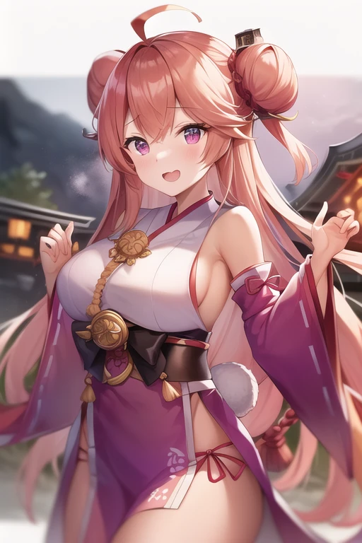 One girl, alone, Long Hair, King Kongu (Kantai Collection),Sakura Miko, Pink Hair, Double Bang, Purple eyes, Hair Bun, Ahoge, Open your mouth, Non-traditional Shrine Maiden, Removable sleeves, Brown eyes, White Background, (headgear):2, (Hair Bunド):2, smile, Sleeves edged with ribbon, Simple Background, kimono, Ribbon trim, View your viewers,  username, Upper Body, Wide sleeves, :d, King Kong