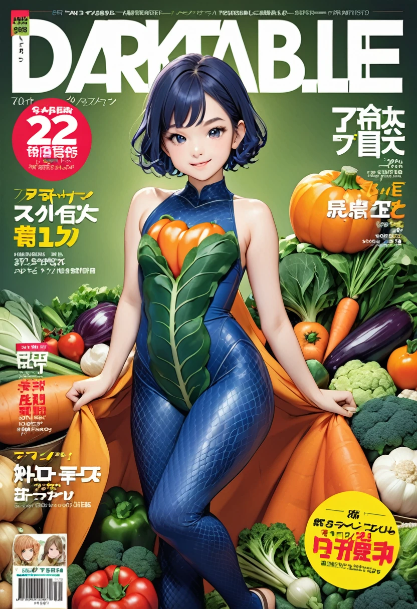 (vegetable magazine cover:1.3),(masterpiece, best quality:1.1),A gravure photo of a vegetable costume girl, cute,with a model posing ,vegetable pattern bodysuit,model posing,summer,whole body,BREAK.(tween,detailed face,(darkblue wavy-short hair),eyebrows),smile,