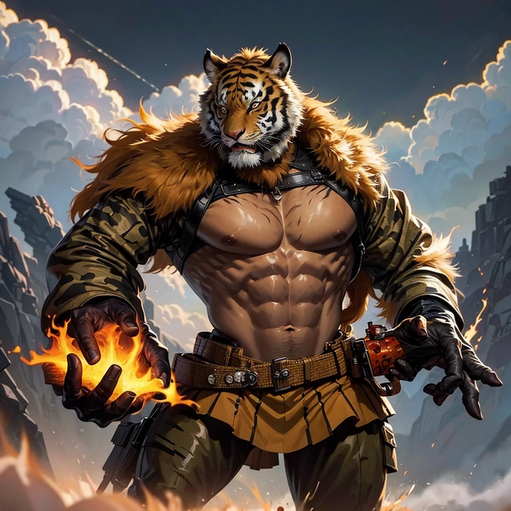 A giant beastman character in the form of a tiger,Wearing a camouflage military uniform,Wearing a pair of military boots。The background is dark clouds filled with firelight,Viewed from the ground upwards,Highlights his massive size。Beast Man holds a toy rifle in his left hand,Serious and focused expression