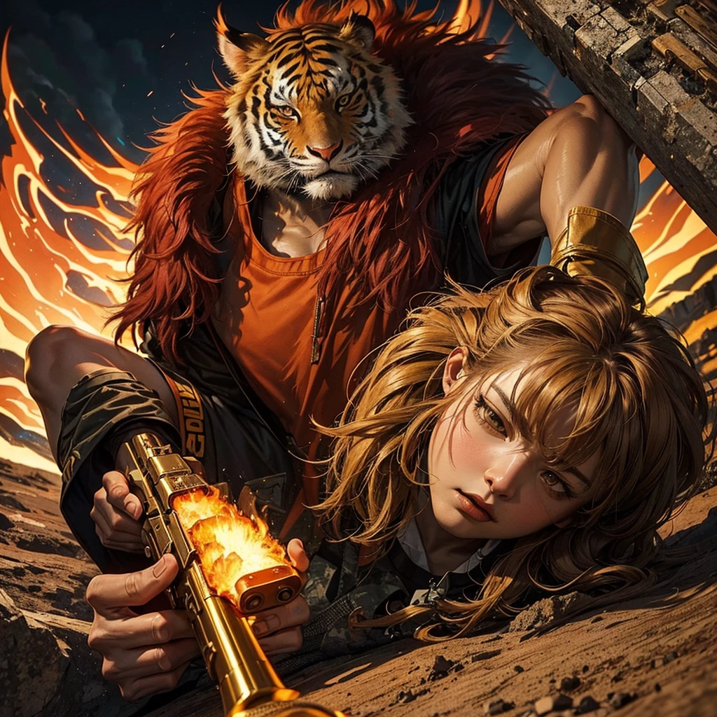 A giant beastman character in the form of a tiger，Wearing a camouflage military uniform，Wearing a pair of military boots。The background is dark clouds filled with firelight，Viewed from the ground upwards，Highlights his massive size。Beast Man holds a toy rifle in his left hand，Serious and focused expression