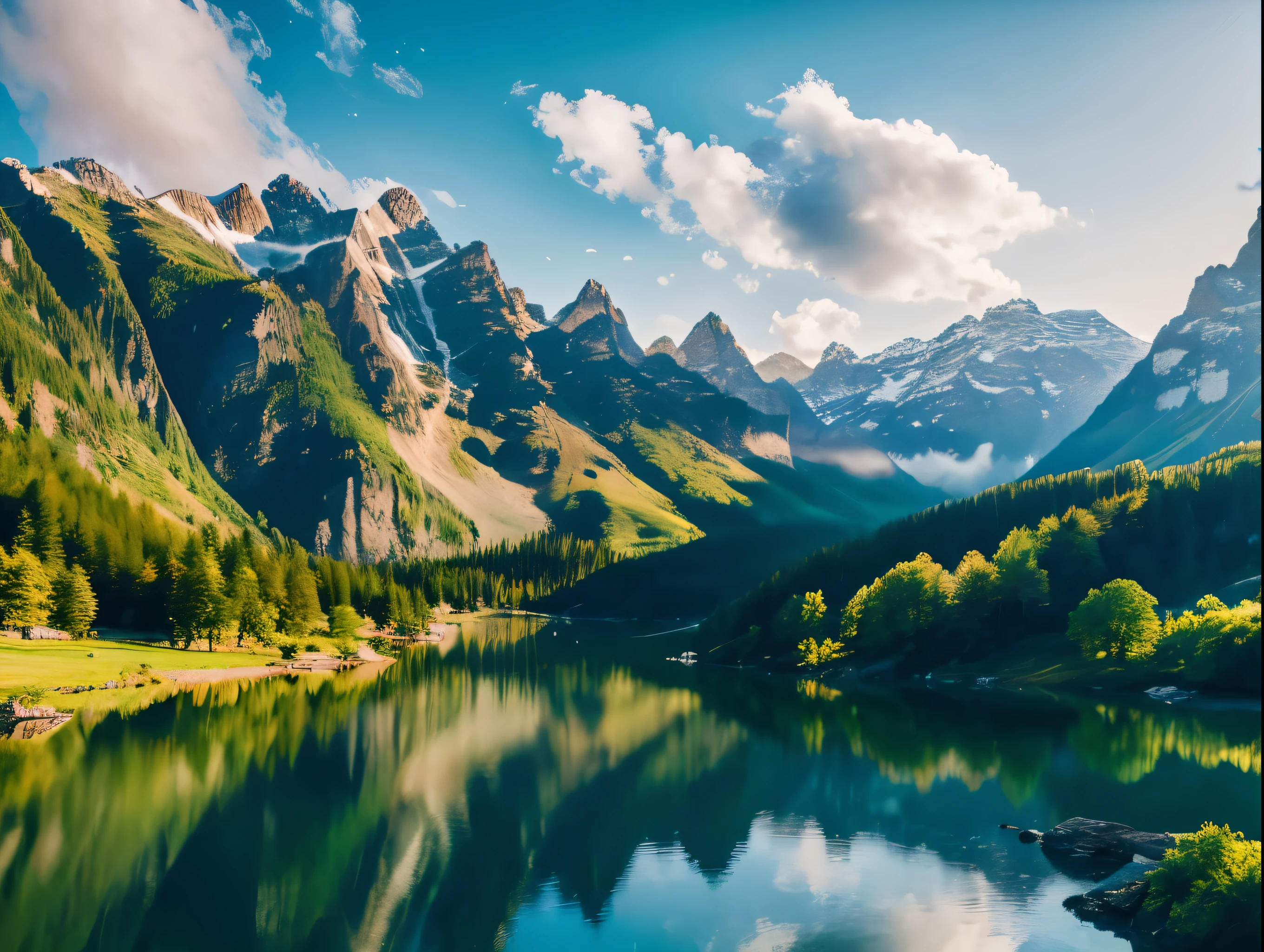 a scenic landscape, beautiful mountains, tranquil lake, lush greenery, dramatic skies, sunlight glimmering on the water, rocky cliffs, snow-capped peaks, reflections on the lake, picturesque countryside, serene and peaceful atmosphere, (best quality,4k,8k,highres,masterpiece:1.2),ultra-detailed,(realistic,photorealistic,photo-realistic:1.37),landscape,natural scenery,vibrant colors,soft lighting,atmospheric,cinematic composition