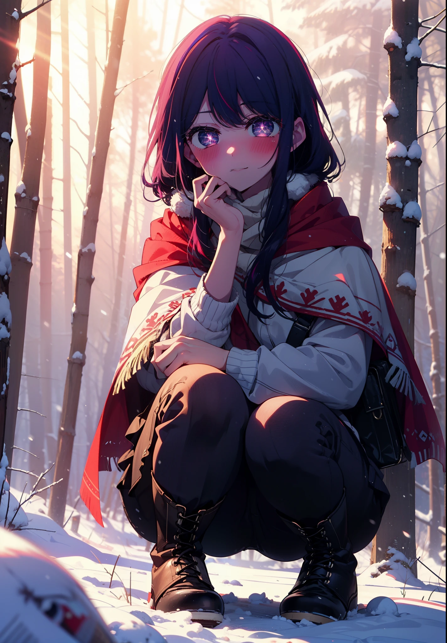 aihoshino, Ai Hoshino, Long Hair, bangs, (Purple eyes:1.1), Purple Hair, (Symbol-shaped pupil:1.5), smile,,smile,blush,White Breath,
Open your mouth,snow,Ground bonfire, Outdoor, boots, snowing, From the side, wood, suitcase, Cape, Blurred, , forest, White handbag, nature,  Squat, Mouth closed, Cape, winter, Written boundary depth, Black shoes, red Cape break looking at viewer, Upper Body, whole body, break Outdoor, forest, nature, break (masterpiece:1.2), Highest quality, High resolution, unity 8k wallpaper, (shape:0.8), (Beautiful and beautiful eyes:1.6), Highly detailed face, Perfect lighting, Extremely detailed CG, (Perfect hands, Perfect Anatomy),