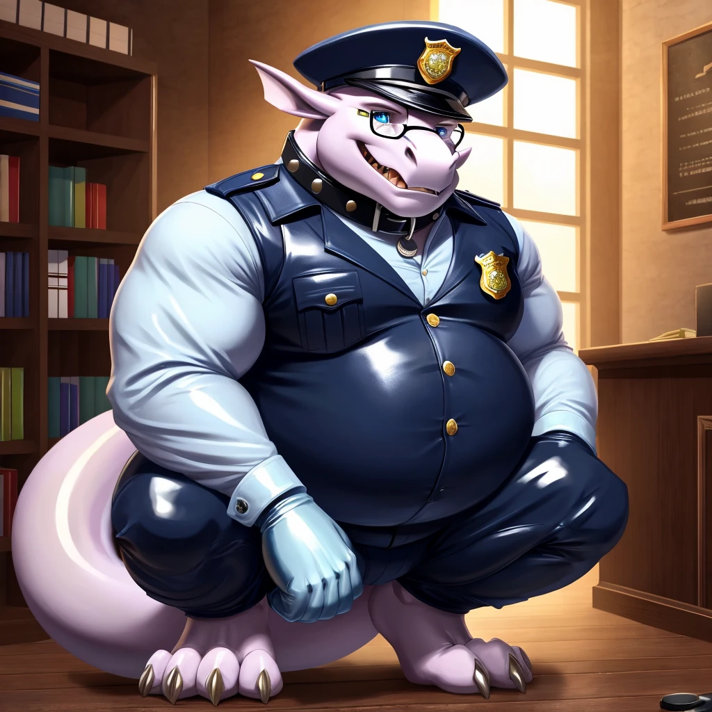 Solo, Male, fat, squatting, extremely obese, gentleman, dapper Dragon, blue eyes, (soft shading), 4k, hi res, ((detailed face, detailed)), looking at viewer, evil grin, police station, collared shirt with buttons, hat, male focus, Police Uniform, glasses, monocle, vest with buttons, sleeves rolled up, round eyewear, headwear, vest, Dragon is wearing a glossy leather dog collar around the neck, Dragon is wearing the leather collar and shirt and vest at the same time, Dragon is wearing glossy white rubber gloves on the hands, wearing white rubber gloves on the feet, gloves are rubber in texture, clenching teeth, clenching fists, leather collar is glossy and shiny with a lot of detail, Dragon is wearing gloves and leather collar at the same time, leather collar has a round dog-tag, leather collar is thick and detailed, white rubber gloves on the feet.