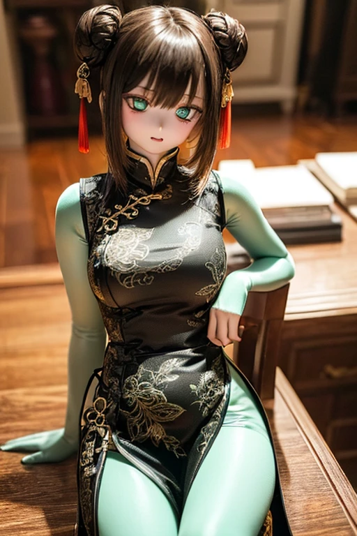 (SFW:2), photorealistic, realistic photo, 8k, ((highest quality)), ((masterpiece)), (extremely detailed), kukolnydom, doll, (mature woman, 20yo, 20 years old:1.6), solo, ((cowboy shot, sitting on chair)), light smile, parted lips, green eyes, brown hair, double buns, (plastic skin, looking at another, glass eyes, gradient eyes, shining eyes, detailed eyes, detailed face:1.3), china dress, qipao, chinese room