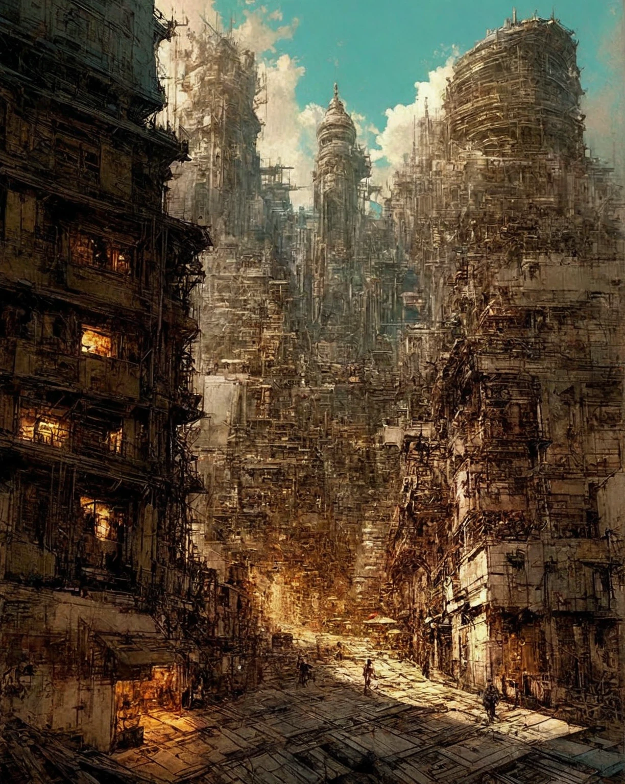 There is a painting，There is a clock tower in the painting, Extremely detailed work of art, complex realistic painting, Complex hierarchy!!, Vast and detailed layered city, realistic Complex concept art, big and structured valhalla city, Multi-layered mega-architecture, Extremely detailed art, atelier olschinsky, Intricate cyberpunk city, Complex matte, Complex concept art