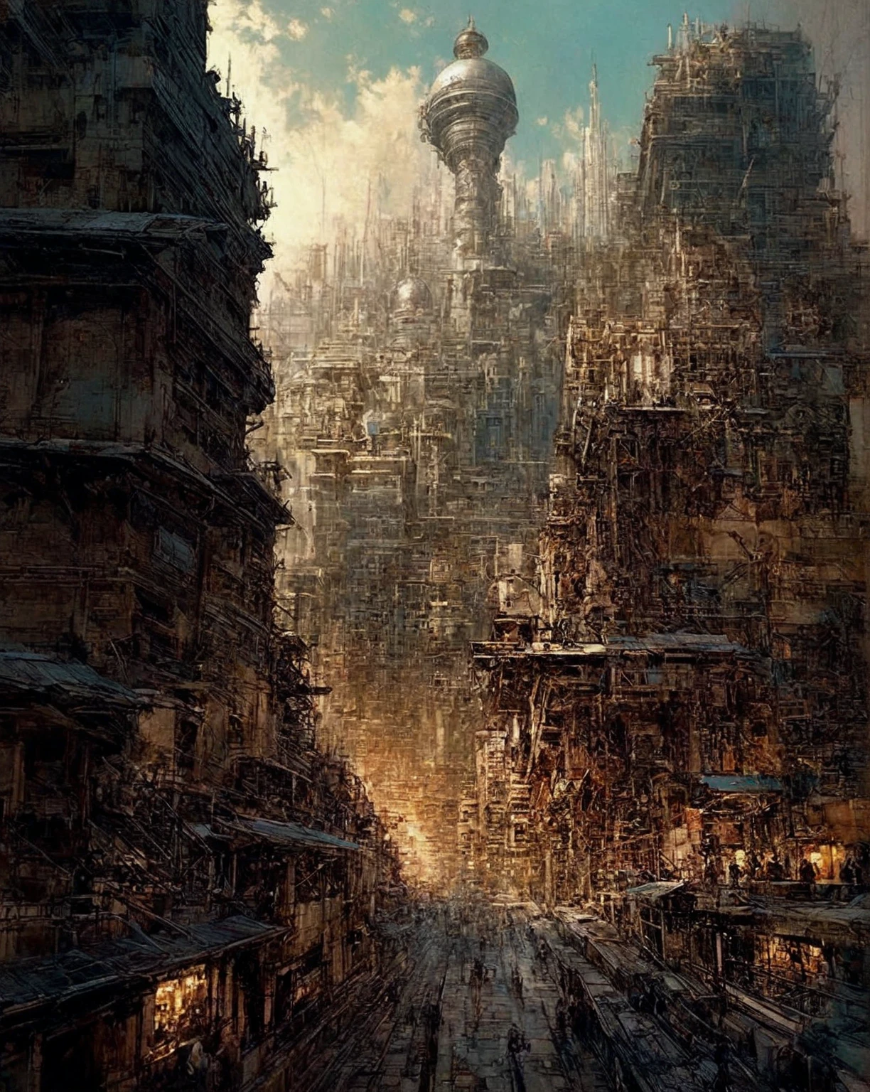 There is a painting，There is a clock tower in the painting, Extremely detailed work of art, complex realistic painting, Complex hierarchy!!, Vast and detailed layered city, realistic Complex concept art, big and structured valhalla city, Multi-layered mega-architecture, Extremely detailed art, atelier olschinsky, Intricate cyberpunk city, Complex matte, Complex concept art