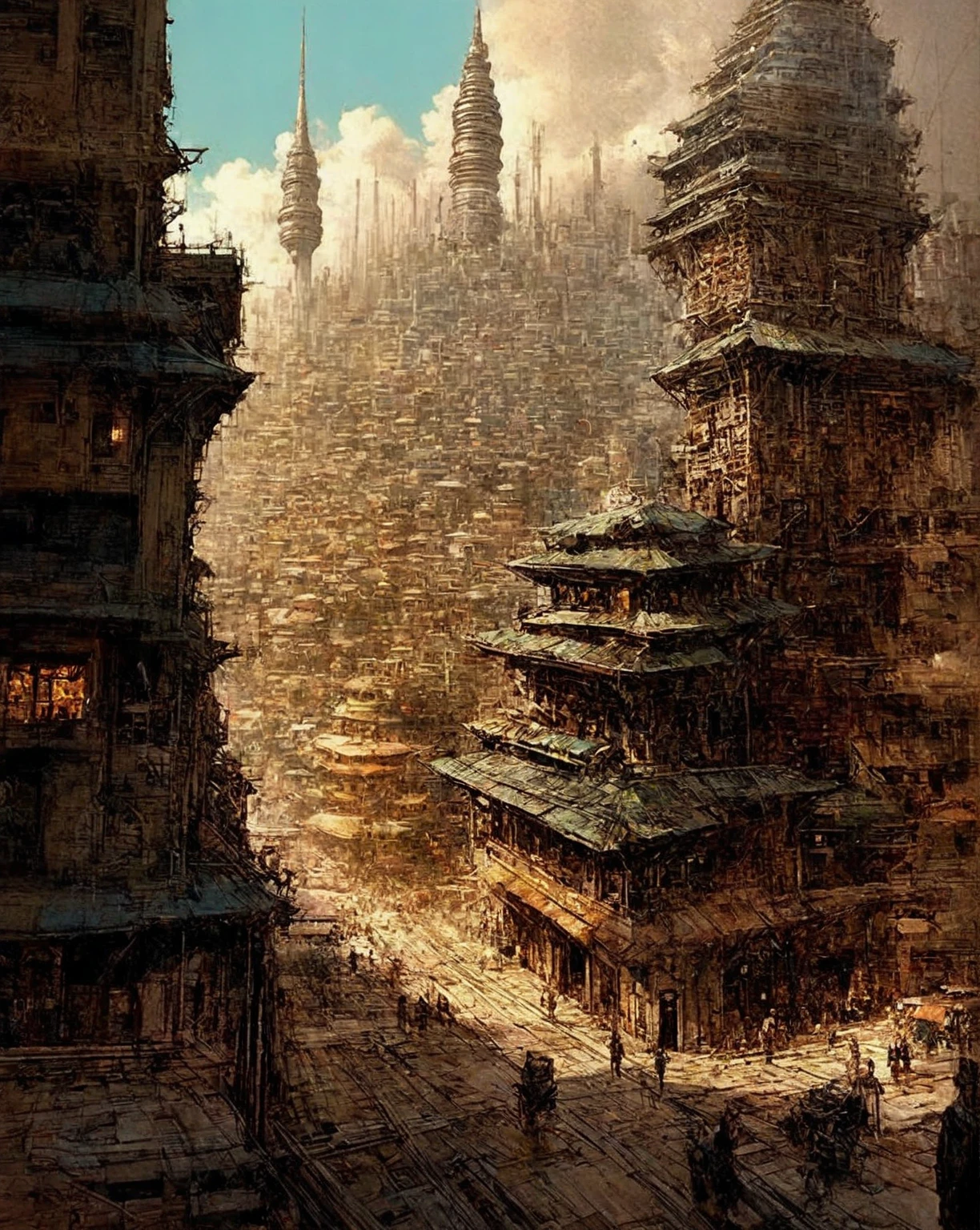 There is a painting，There is a clock tower in the painting, Extremely detailed work of art, complex realistic painting, Complex hierarchy!!, Vast and detailed layered city, realistic Complex concept art, big and structured valhalla city, Multi-layered mega-architecture, Extremely detailed art, atelier olschinsky, Intricate cyberpunk city, Complex matte, Complex concept art