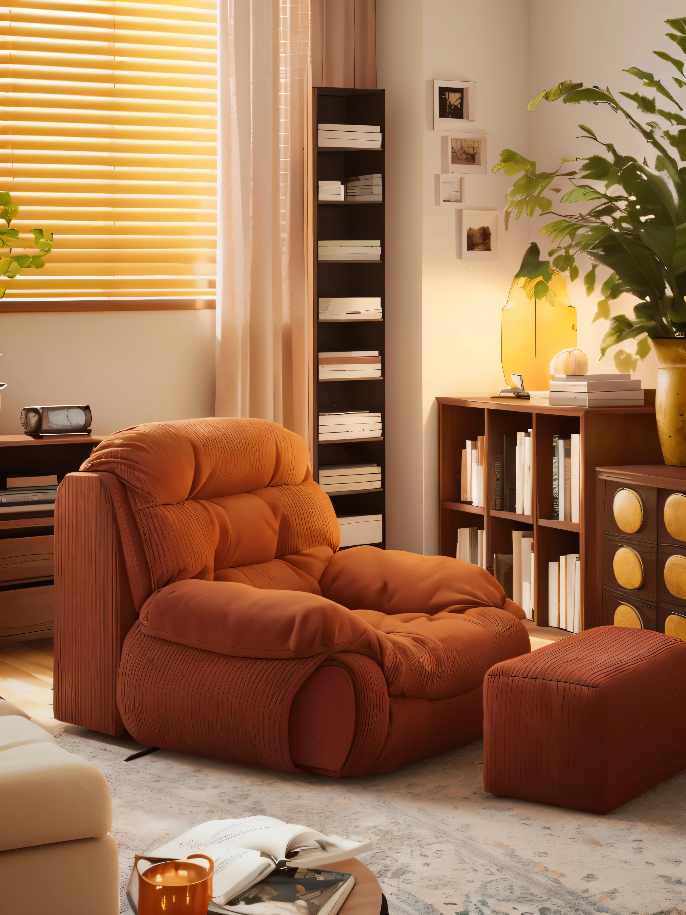 There is a chair and a footstool in the living room,There is another plant, Warm-colored furniture, Designed for comfort and aesthetics!, Comfortable chair, Comfortable armchair, Clear corduroy texture,Warm and cozy colors, Highly detailed rendering, relaxing environment, Rendering with V-Ray, Product Rendering, Rendering in VRay, 3 d Product Rendering, Surreal style, Place in the living room