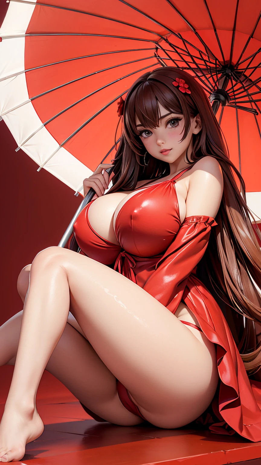 (full_body)、Woman、red_background、(big_breasts:1.5)、parasol、Swimwear