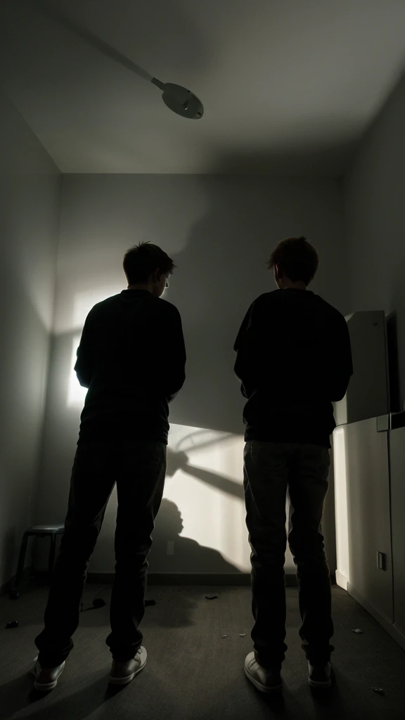 A Shadow looking on 2 teenage boys from behind in night . In creepy room. Shadow is looking