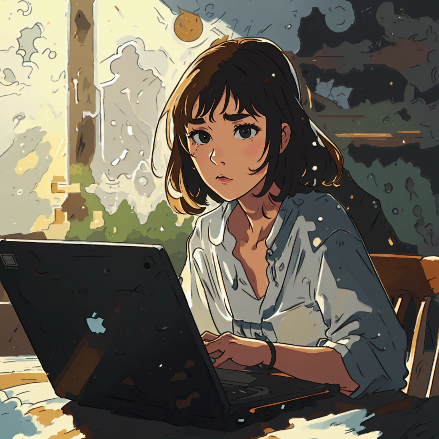 A woman in her 30s working on a laptop at home、simple、No background