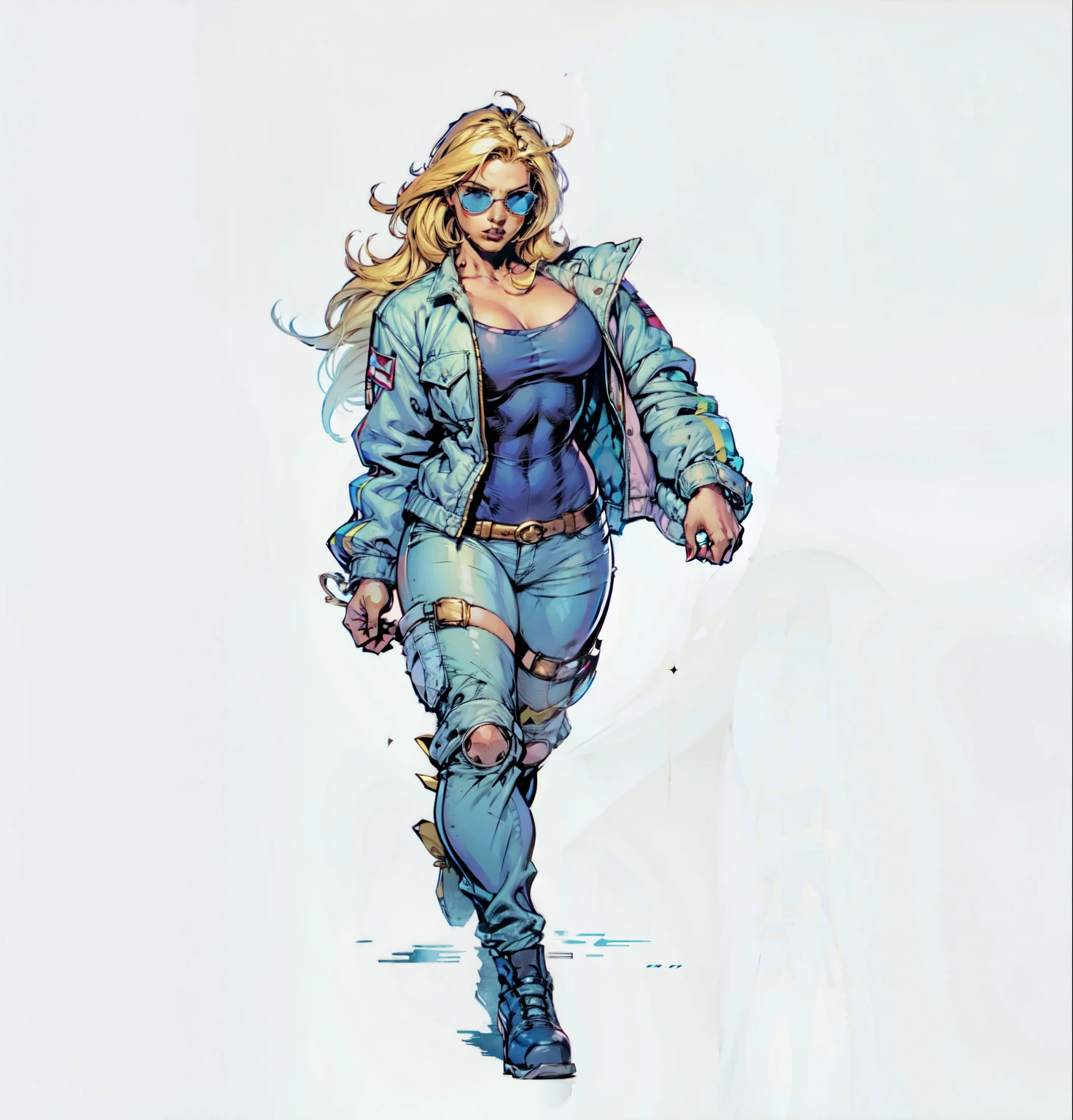 MARVEL COMICS WOMAN WITH JET BLACK SHADES GLASSES WEARING A BAKER SHIRT WALKING FORWARD BLOND HAIR BIG LARGE HIPS , NOT DEFORM FACE CREATE A GOOD NOSE , AND DONT DEFORM LEGS AND HER SHOWES