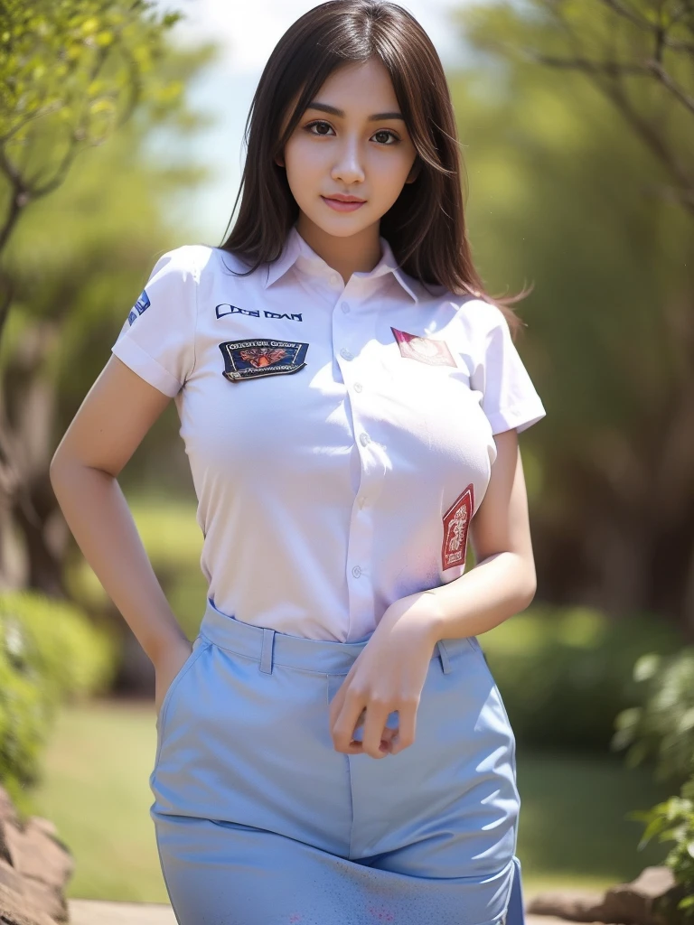 1girl, (uniform_doodle), standing, outdoors, detailed face, detailed eyes, huge breasts, shiny skin, looking at the audience,(8k, RAW photo, best quality, masterpiece: 1.2), (realistic, realistic: 1.37), ultra-high resolution